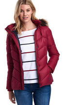 Barbour womens quilted puffer jacket with fur-trim hood, burgundy front