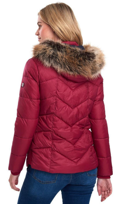 Barbour womens quilted puffer jacket with fur-trim hood, burgundy