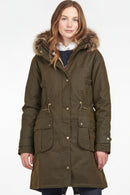 Olive wax parka jacket with faux fur hood and multiple front flap pockets