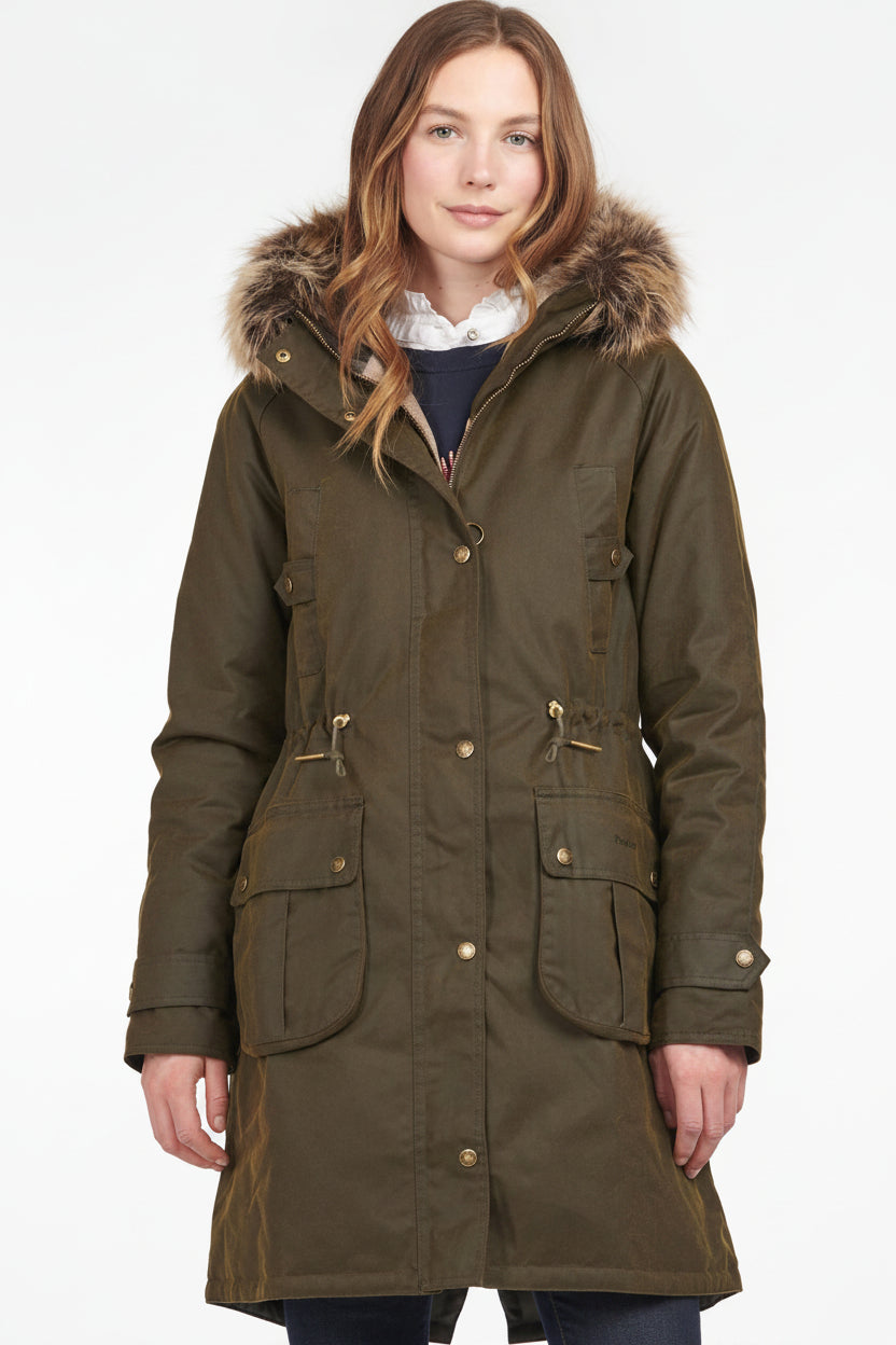 Olive wax parka jacket with faux fur hood and multiple front flap pockets