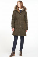 Olive wax parka jacket with faux fur hood, front buttons, and flap pockets