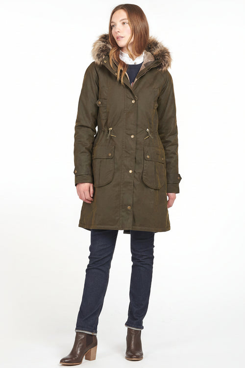 Olive wax parka jacket with faux fur hood, front buttons, and flap pockets