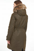 Olive wax parka jacket with drawstring waist and faux fur hood trim
