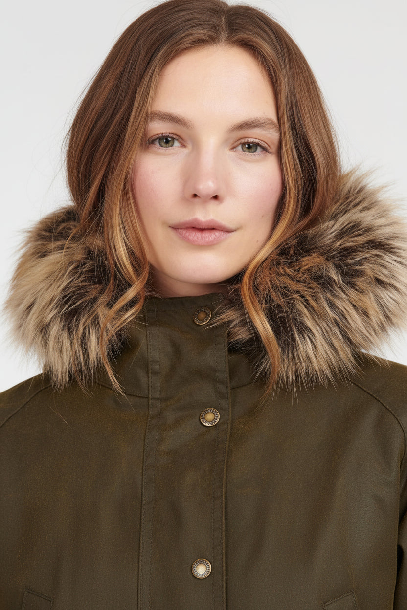 Olive wax parka jacket with faux fur-trimmed hood and button front