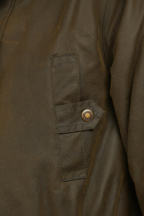 Olive wax parka jacket, fabric pocket with circular Barbour snap detail