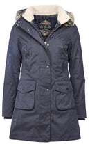 Women’s navy waterproof parka with button front and sherpa-fur lined hood