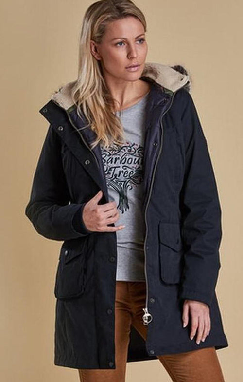Barbour navy waterproof parka with faux-fur hood lining and front pockets