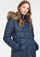 Navy puffer jacket with fur-trim hood, gold buttons and side hand-warmer pockets