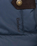 Navy quilted jacket with fur-trim hood, zip front and Barbour logo patch