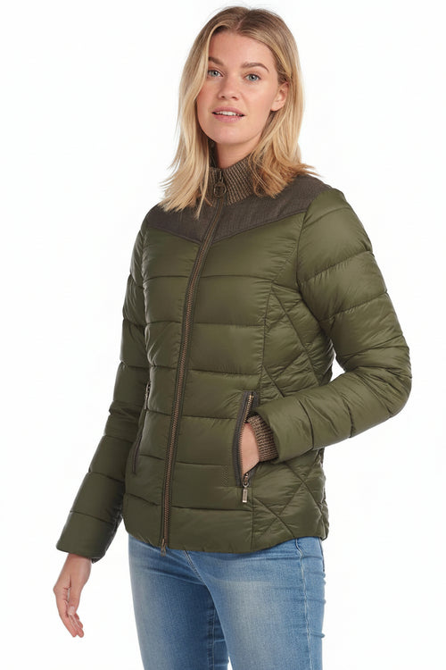 Women's olive quilted puffer jacket with full-zip and stand collar, long sleeves