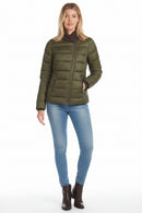 Women's olive quilted puffer jacket front view with full-zip and stand collar, long sleeves