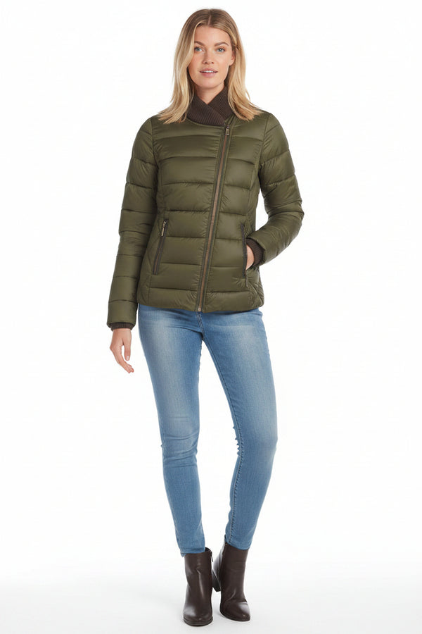 Women's olive quilted puffer jacket front view with full-zip and stand collar, long sleeves
