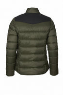 Women's olive quilted puffer jacket, back view, full-zip and stand collar