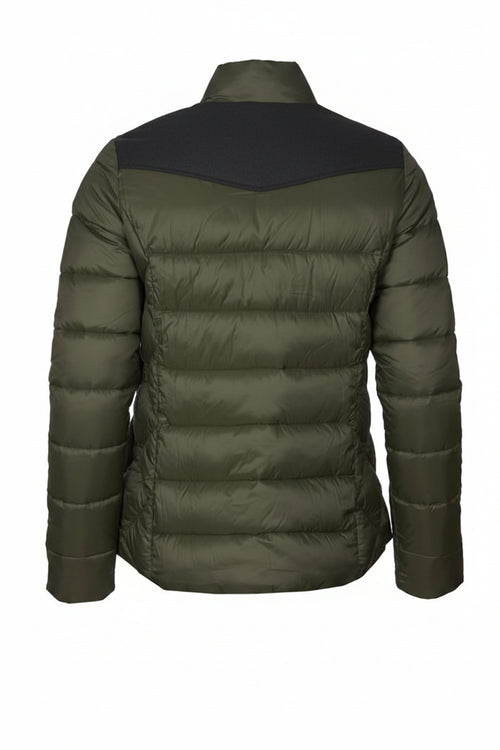 Women's olive quilted puffer jacket, back view, full-zip and stand collar