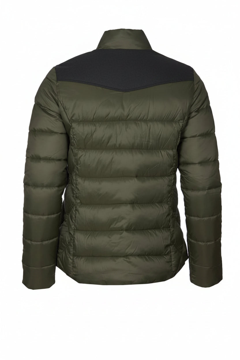 Women's olive quilted puffer jacket, back view, full-zip and stand collar