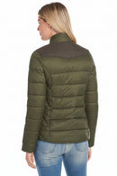 Women's olive quilted puffer jacket side profile back view with full-zip and high neck collar