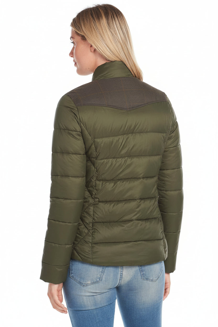 Women's olive quilted puffer jacket side profile back view with full-zip and high neck collar