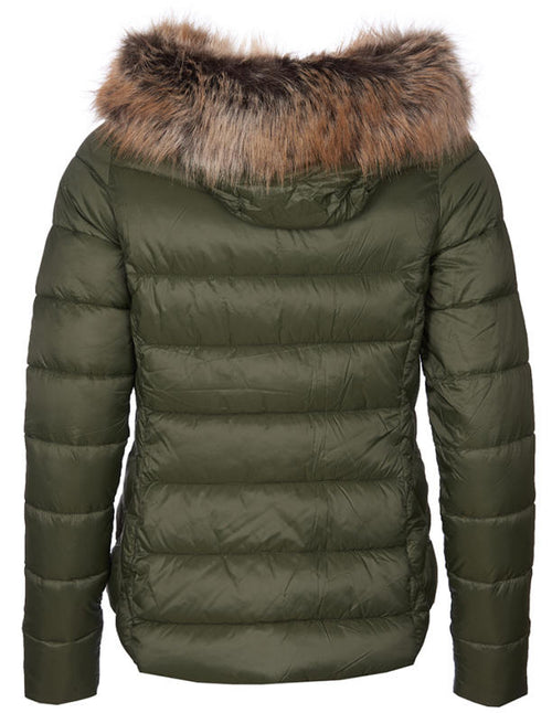 Barbour women's quilt jacket in dark olive with faux fur hood trim