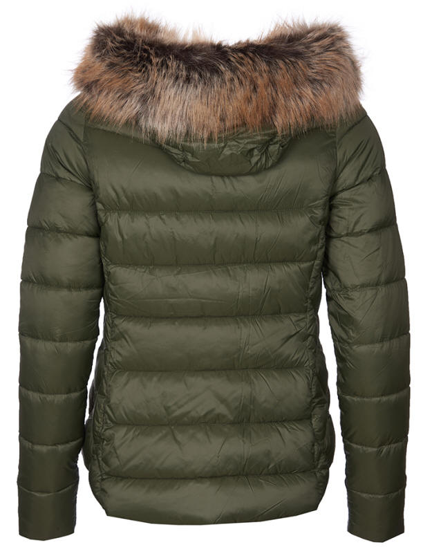 Barbour women's quilt jacket in dark olive with faux fur hood trim