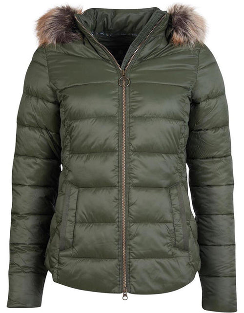 Barbour women's quilt jacket in dark olive with zip front and faux fur hood trim