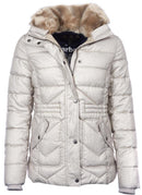 Barbour women's quilted jacket, light stone, faux-fur hood, zip-up with button placket