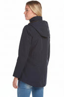 Women's navy waterproof jacket, side view with hooded back and long sleeves