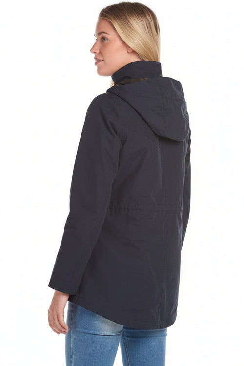 Women's navy waterproof jacket, side view with hooded back and long sleeves
