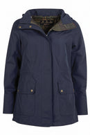 Women's navy waterproof jacket with hood, stand collar, and two front flap pockets