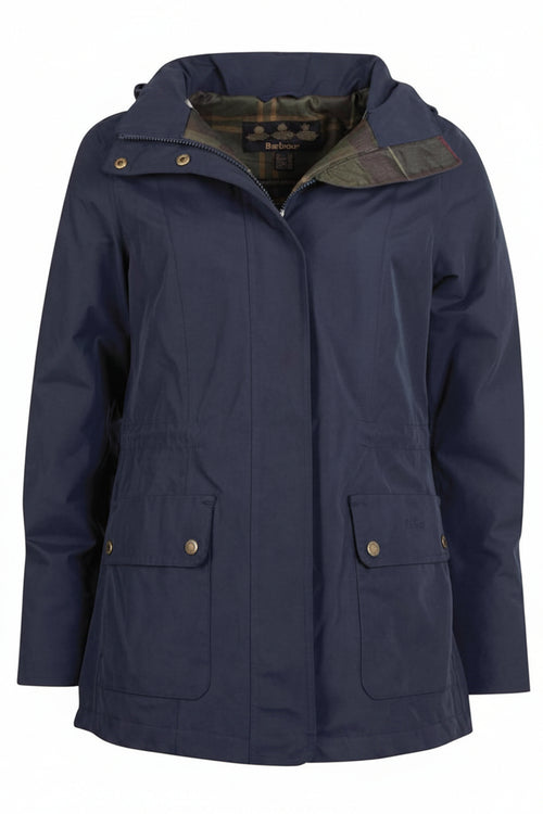 Women's navy waterproof jacket with hood, stand collar, and two front flap pockets