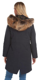 Navy parka with faux fur hood trim, zip front and snap buttons