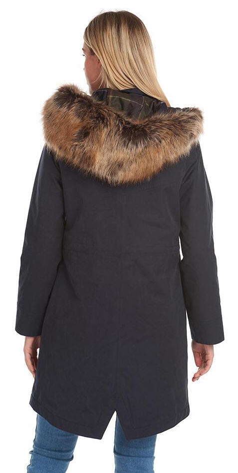 Navy parka with faux fur hood trim, zip front and snap buttons