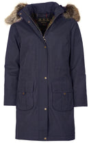 Navy waterproof parka with faux fur collar, button front and patch pockets