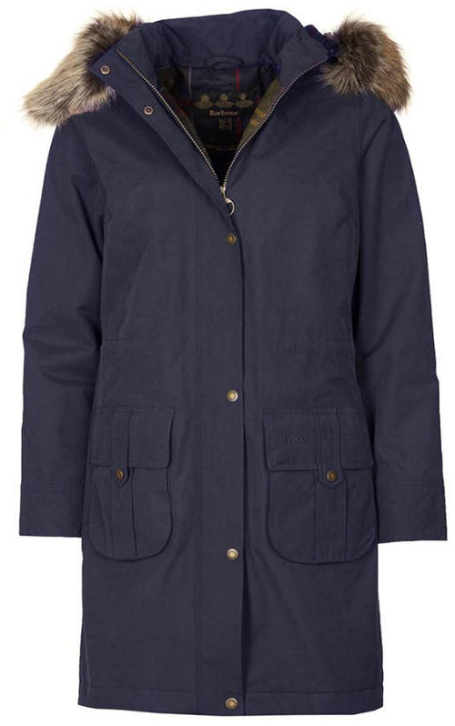 Navy waterproof parka with faux fur collar, button front and patch pockets