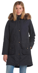 Navy waterproof parka with faux fur hood, four-button placket and side pockets