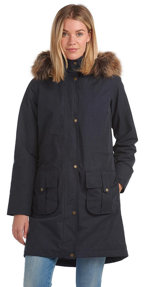 Navy waterproof parka with faux fur hood, four-button placket and side pockets