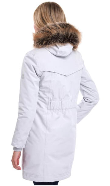 Women's waterproof parka coat in ice white with faux fur trimmed hood, back view