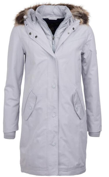 Women's waterproof ice white parka with faux fur hood, zip front and snap pockets