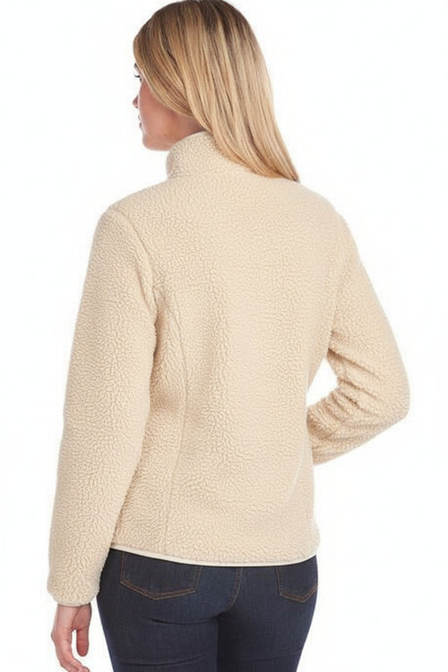 Women’s cream fleece zip jacket, stand collar, long sleeves