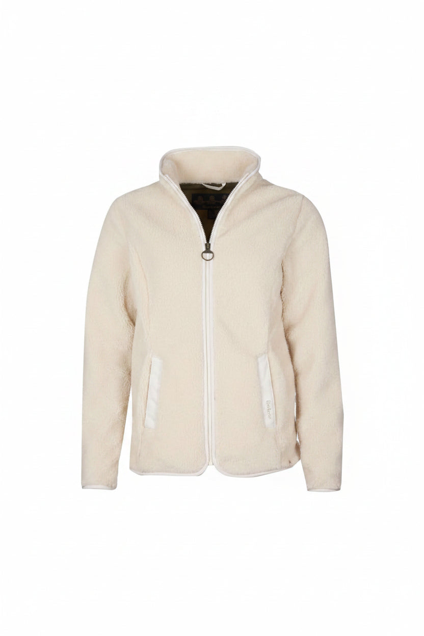 Women’s cream teddy fleece jacket with full zip and stand collar, front pockets