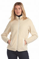 Women’s cream fleece jacket, full-zip front with stand collar and side pockets