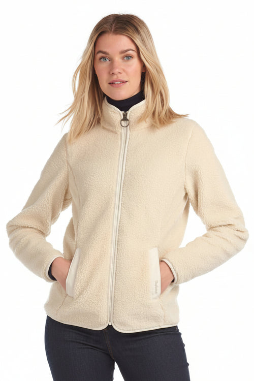 Women’s cream fleece jacket, full-zip front with stand collar and side pockets