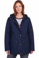 Barbour navy waterproof jacket with hood, mid-length cut, front button closure