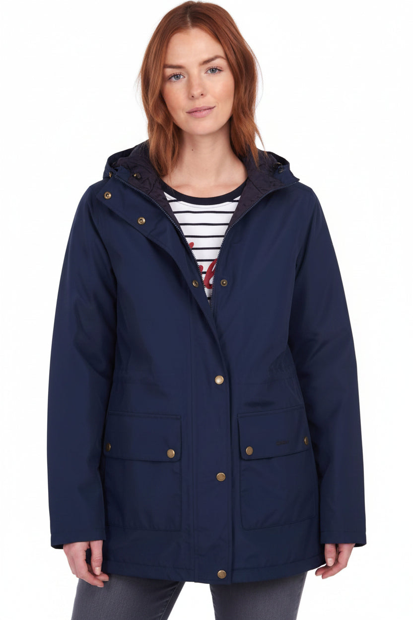 Barbour navy waterproof jacket with hood, mid-length cut, front button closure