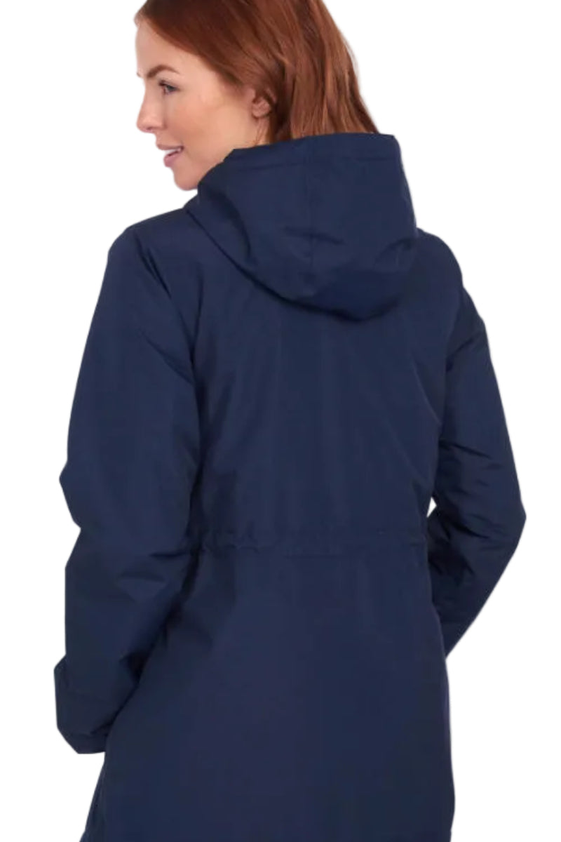 Barbour navy waterproof jacket hooded back view