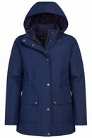 Barbour navy waterproof jacket with hood, front pockets, and button closure