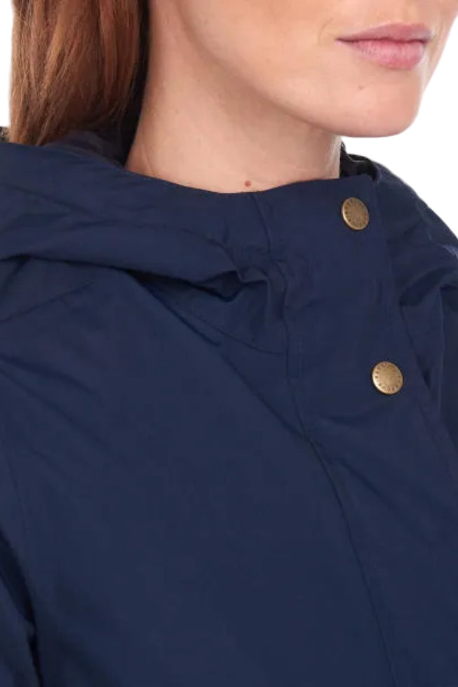Barbour navy waterproof jacket high collar with brass snap buttons