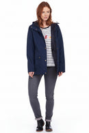Barbour navy waterproof jacket with hood, front button closure, and pockets