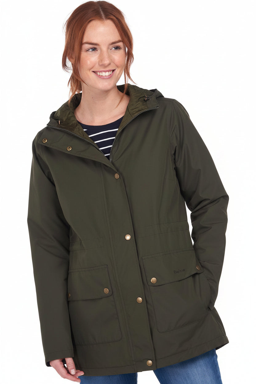 Women's olive waterproof Barbour jacket with hood, front snaps, and utility pockets