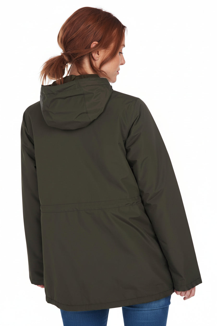 Women's olive waterproof jacket, hooded back view with seams and back pleat
