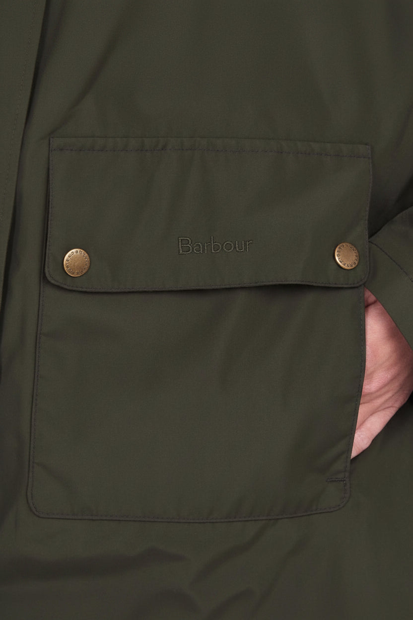 Women's Barbour olive waterproof jacket, chest pocket flap with Barbour logo and brass snaps